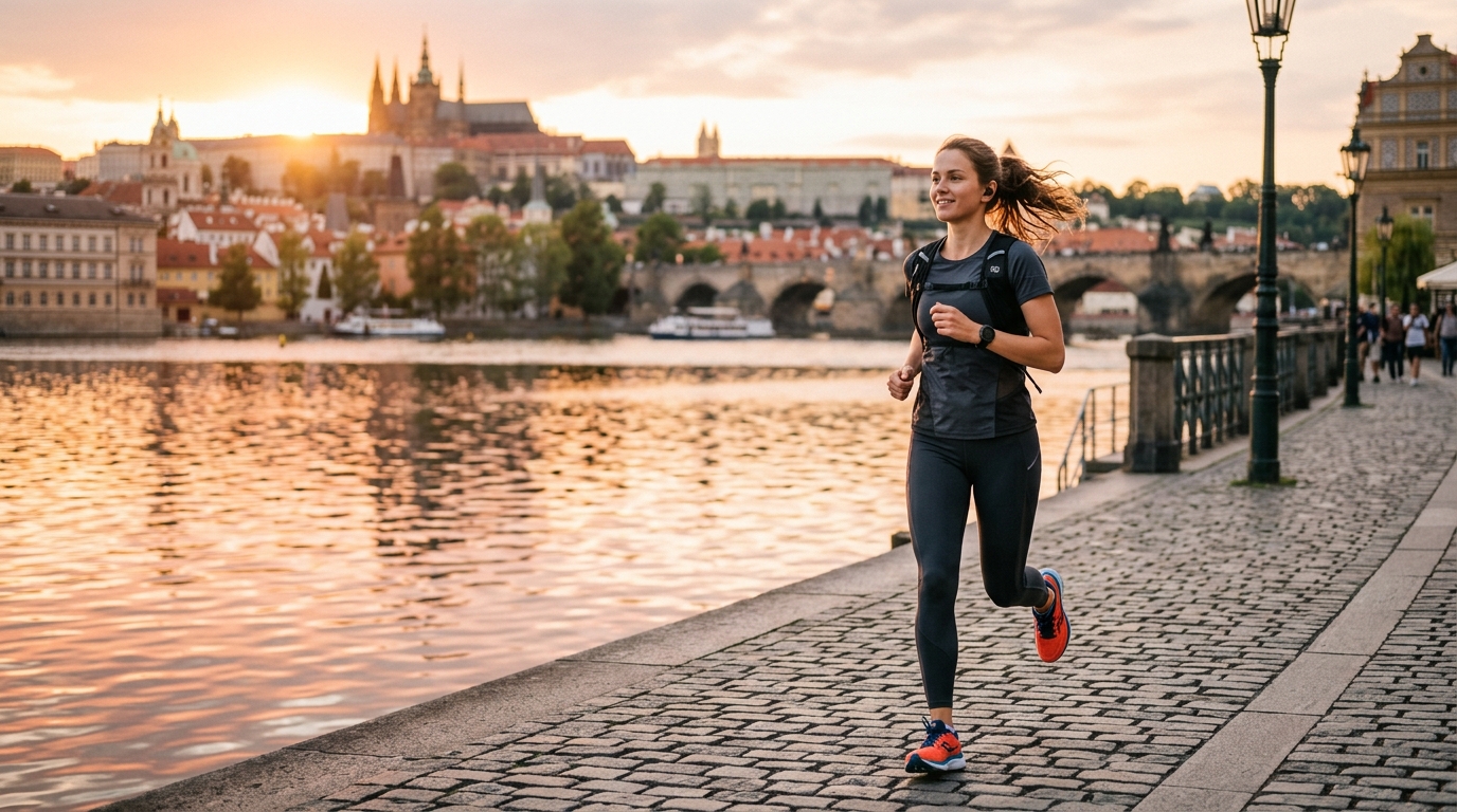 Žena při ranním běhu podél řeky ve městě