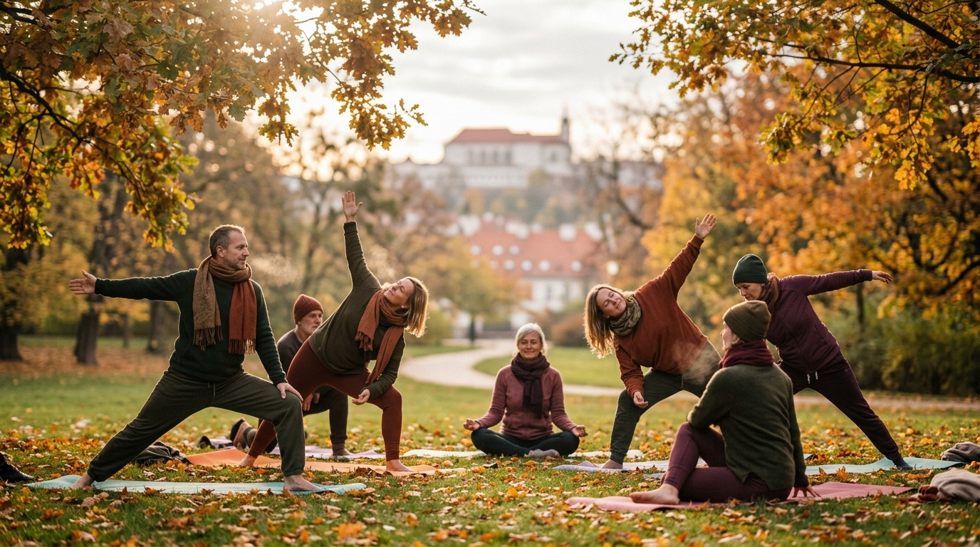 Skupina lidí při venkovním cvičení v parku