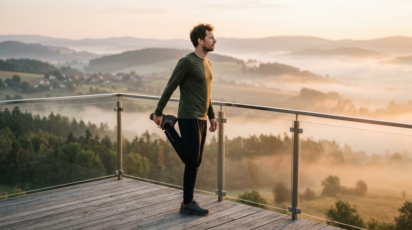 Muž při ranním protahování na terase s výhledem na přírodu